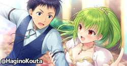  1boy :d black_hair blue_eyes blue_shirt blue_vest blurry blurry_background breasts cleavage collarbone collared_shirt commentary_request commission depth_of_field dress dress_shirt female green_hair hagino_kouta hair_between_eyes long_hair medium_breasts original pointing ponytail puffy_short_sleeves puffy_sleeves red_eyes shirt short_sleeves skeb_commission smile sweat twitter_username upper_body v-shaped_eyebrows vest white_dress 