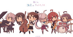  6+girls ahoge alto_saxophone arashi_(kancolle) asashimo_(kancolle) black_socks black_vest blunt_bangs blush brown_hair chibi double_bass drum drum_set drumsticks grey_hair hair_over_one_eye instrument isonami_(kancolle) kantai_collection kishinami_(kancolle) kneehighs long_hair multiple_girls music neckerchief necktie nowaki_(kancolle) open_mouth pantyhose piano playing_instrument pleated_skirt ponytail red_hair sailor_collar saxophone school_uniform serafuku sharp_teeth shikinami_(kancolle) shirt short_hair simple_background skirt smile socks teeth tenor_saxophone thighhighs trumpet vest white_background white_shirt yuzuki_gao zettai_ryouiki 