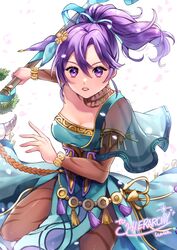  absurdres alternate_costume artist_name blue_dress bodystocking capelet cosplay detached_collar dress english_text female fir_(fire_emblem) fire_emblem fire_emblem:_the_binding_blade fire_emblem_heroes gold_trim highres holding holding_weapon karla_(fire_emblem) karla_(fire_emblem)_(cosplay) pantyhose pelvic_curtain ponytail purple_eyes purple_hair single_bare_shoulder strapless strapless_dress wawatiku weapon 