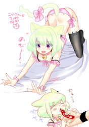  1boy alternate_costume animal_ear_legwear animal_ears animal_print arched_back bell blush bow cat_boy cat_cutout cat_ear_legwear cat_ears cat_panties cat_print cat_stretch cat_tail clothing_cutout crossdressing earrings eating frilled_sleeves frills green_hair highres jewelry kemonomimi_mode kisekisaki lio_fotia male_focus neck_bell open_mouth otoko_no_ko panties pink_panties print_panties promare purple_eyes ribbon short_hair side-tie_panties simple_background single_earring solo stretching tail tail_bow tail_ornament top-down_bottom-up triangle_earrings underwear white_background wrist_ribbon 