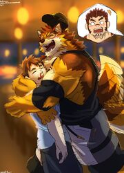  absurd_res akashi_(live_a_hero) anthro barrel_(live_a_hero) biceps blush brown_body brown_fur brown_hair canid canine canis clothing duo fur hair hi_res hug human jealous lifewonders live_a_hero male male/male male_operator mammal muscular muscular_anthro muscular_male protagonist_(live_a_hero) rotsw shirt tail tail_motion tailwag tank_top topwear wolf 