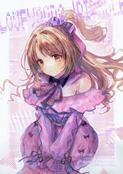  :o brown_hair character_name clothing_cutout dress female idol idolmaster idolmaster_cinderella_girls kuroda_kuroko looking_at_viewer neck_ribbon one_side_up own_hands_together patterned_background purple_dress ribbon shimamura_uzuki shoulder_cutout solo wavy_hair 