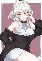  black_sweater blunt_bangs blush border breasts carmilla_(fate) commentary_request dress fate/grand_order fate_(series) female fingernails fue_(rhomphair) green_nails grey_dress hand_on_own_hip highres large_breasts light_smile long_hair nail_polish off-shoulder_sweater off_shoulder sharp_fingernails short_dress sleeveless sleeveless_dress solo sweater white_border white_hair yellow_eyes 