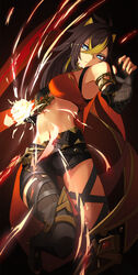  absurdres animal_ears ass_visible_through_thighs asymmetrical_clothes bare_shoulders belt black_pants blue_eyes boots breasts brown_hair closed_mouth crossed_bangs dehya_(genshin_impact) elbow_gloves female fingerless_gloves frown genshin_impact gloves hair_between_eyes highres long_hair looking_at_viewer midriff multicolored_hair navel pants single_pantsleg sling_bikini_top small_breasts solo streaked_hair thigh_boots yakupan 