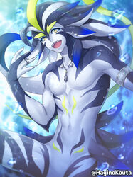  1boy :d blurry blurry_background collarbone commentary_request commission day depth_of_field green_eyes hagino_kouta hand_up jewelry looking_at_viewer male_focus monster_boy navel original outdoors piercing red_pupils ring sharp_teeth skeb_commission smile solo teeth twitter_username underwater water 