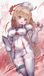  blonde_hair blood blood_halo breasts clipboard commentary dark_halo elbow_gloves female garter_straps gloves halo hat heart heart_print highres holding holding_clipboard holding_pill liquid_halo long_hair looking_at_viewer medium_breasts melting_halo nurse nurse_cap open_mouth original pill puffy_short_sleeves puffy_sleeves red_eyes short_sleeves skindentation smile solo symbol-only_commentary teeth thighhighs thighs upper_teeth_only voruvoru white_gloves white_hat white_thighhighs 