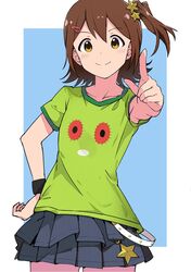  armpit_peek black_skirt blue_background breasts chupacabra_(idolmaster) collarbone commentary female green_shirt hair_between_eyes hair_ornament hairclip hand_on_own_hip highres idolmaster idolmaster_million_live! index_finger_raised kasuga_mirai light_blush looking_at_viewer medium_hair pointing pointing_at_viewer rauto shirt short_sleeves side_ponytail simple_background skirt small_breasts smile solo star_(symbol) star_hair_ornament strap t-shirt wristband yellow_eyes 