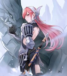  absurdres arm_guards armor armored_dress artist_name axe back back_cutout backless_dress backless_outfit bare_back black_gloves blue_dress cherche_(fire_emblem) closed_mouth clothing_cutout commentary_request da-cart dragon dress elbow_gloves female fire_emblem fire_emblem_awakening floating_hair from_behind gloves hair_between_eyes highres holding holding_axe holding_weapon lips long_hair looking_at_viewer maid_headdress minerva_(fire_emblem_awakening) pink_eyes pink_hair pink_lips puffy_sleeves shoulder_armor sidelocks signature slit_pupils striped thigh_cutout vertical_stripes weapon wing_hair_ornament wyvern 