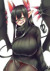  absurdres black_hair black_pantyhose black_sweater breasts demon_girl demon_horns demon_tail demon_wings dress female glasses green_eyes highres horns huge_breasts long_hair merii_(mazohaha) musuko_ga_kawaikute_shikatanai_mazoku_no_hahaoya pantyhose red_horns solo sweater sweater_dress tail thick_thighs thighs white_background wings zyugoya 