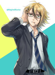  1boy belt belt_buckle black-framed_eyewear black_belt black_hair black_jacket black_pants blonde_hair blue_background blue_necktie buckle cigarette collarbone collared_shirt commentary_request commission diagonal-striped_clothes diagonal-striped_necktie dress_shirt formal glasses green_background green_eyes hagino_kouta hair_between_eyes hand_in_own_hair hand_up jacket male_focus mouth_hold multicolored_hair necktie open_clothes open_jacket original pants parted_lips pinstripe_pattern pinstripe_shirt shirt skeb_commission smoke smoking solo streaked_hair striped_clothes suit twitter_username white_background white_shirt 