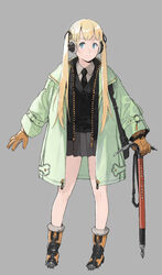  aqua_eyes black_jacket black_necktie blonde_hair brown_gloves closed_mouth female gloves green_jacket grey_background grey_skirt highres hirooka_masaki holding holding_pickaxe jacket long_hair necktie original pickaxe simple_background skirt smile solo standing twintails zipper zipper_pull_tab 