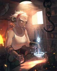  absurdres anvil apron belt blacksmith bottle breasts brown_belt cabinet ceiling_light collarbone commentary cross_scar dark-skinned_female dark_skin embers english_commentary female fire forehead forge glowing glowing_hot grey_eyes hacksaw hair_pulled_back hammer hand_up highres holding holding_hammer hook horns indoors jar large_breasts looking_down magic magic_circle mechanical_arms medium_hair original saku_ram saw scar scar_on_face scar_on_forehead single_mechanical_arm smoke solo tank_top upper_body white_hair white_tank_top window 