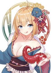  :q ahoge bamboo_print bare_shoulders blue_eyes braid breasts chopsticks cleavage collarbone dango_hair_ornament female flower food-themed_hair_ornament frills hair_flower hair_ornament japanese_clothes kimono kohana_(princessxhana) large_breasts long_hair long_sleeves orange_hair pecorine_(new_year)_(princess_connect!) pecorine_(princess_connect!) princess_connect! solo tentacle tongue tongue_out upper_body wide_sleeves 