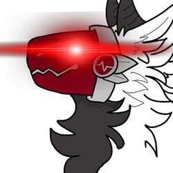  1:1 anthro black_body black_fur crooked_smile fur grey_body grey_fur horn lens_flare low_res machine male metal protogen red_eyes solo unknown_artist visor white_body white_fur 