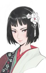  black_hair closed_mouth female flower hair_flower hair_ornament highres hirooka_masaki japanese_clothes kimono original pink_lips portrait red_eyes short_hair simple_background smile solo white_background white_flower 