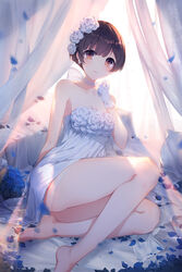  bare_legs bare_shoulders barefoot bed_sheet blue_flower blue_rose bow bow_earrings breasts brown_eyes brown_hair choker closed_mouth collarbone commentary_request curtains dress earrings female flower girl_cafe_gun gloves hair_flower hair_ornament hand_up highres jewelry legs looking_at_viewer petals photoshop_(medium) rose shi_wuyou short_hair small_breasts solo strapless strapless_dress thighs transparent wedding_dress white_bow white_choker white_dress white_flower white_gloves white_rose xing 