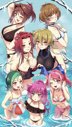  6+girls bikini blonde_hair blue_eyes blush breasts brown_eyes brown_hair choker cleavage fingerless_gloves gloves green_eyes green_hair hair_bun highres hiiragi_yuzu izayoi_aki jewelry kirishima_romin large_breasts long_hair looking_at_viewer mazaki_anzu mibry_(phrysm) mizuki_kotori_(yu-gi-oh!) multiple_girls navel necklace one_eye_closed ponytail purple_hair red_eyes red_hair short_hair side-tie_bikini_bottom single_hair_bun small_breasts swimsuit tenjouin_asuka twintails yellow_eyes yu-gi-oh! yu-gi-oh!_5d&#039;s yu-gi-oh!_arc-v yu-gi-oh!_duel_monsters yu-gi-oh!_gx yu-gi-oh!_sevens yu-gi-oh!_vrains yu-gi-oh!_zexal zaizen_aoi 