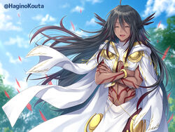  1boy :d ^_^ ahoge black_hair blue_sky blurry blurry_background closed_eyes cloud commentary_request commission dark-skinned_male dark_skin day depth_of_field facing_viewer floating_hair full-body_tattoo gradient_hair hagino_kouta hair_between_eyes long_hair male_focus multicolored_hair original outdoors red_hair skeb_commission sky smile solo tattoo twitter_username very_long_hair 