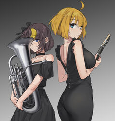  2girls ahoge black_dress black_ribbon blackhound_(last_origin) blonde_hair blue_eyes blush breasts brown_hair choker clarinet closed_mouth dress euphonium griffon_(last_origin) hair_ribbon holding holding_instrument ichihyaku_nanajuu instrument korean_commentary large_breasts last_origin looking_at_viewer multicolored_hair multiple_girls ribbon short_hair simple_background streaked_hair upper_body 