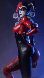  1girls 3d artist_name ass baseball_bat batman:_arkham_knight batman_(series) blue_eyes bodysuit dc dc_comics female female_only harley_quinn harley_quinn_(classic) jester_cowl mavixtious solo tagme 