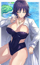  1girls adult adult_female bathing_suit beach big_breasts blush blushed blushing_at_viewer border breasts brown_eyes cleavage clothed clothed_female coat curling_hair day daytime female_only fit fit_female flirting_look flirty interested island lab_coat labcoat lewd_expression light-skinned_female light_skin looking_at_viewer mostly_clothed necklace ocean philena_ivy pokemon_(anime) pokemon_trainer professor_ivy_(pokemon_anime) purple_hair realistic_proportions ring_necklace smile solo solo_female solo_focus swimsuit thick thick_thighs thighs touching_hair touching_own_hair water water_background white_border 