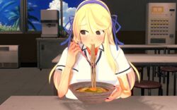  3d avoiding_eye_contact blonde_hair blush bowl chopsticks eating embarrassed female food hair_ribbon huge_breasts katsuragi_(senran_kagura) koikatsu long_hair noodles pov ramen resturant safe senran_kagura sfw 