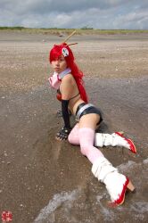  arm_warmers armwarmers ass beach bikini_top boots chopsticks cosplay fingerless_gloves gloves kudou_rou photo red_hair red_hair scarf shorts tengen_toppa_gurren-lagann tengen_toppa_gurren_lagann thigh-highs thighhighs wet yoko_littner yoko_littner 