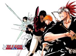  4boys abarai_renji bandana black_hair bleach female ishida_uryuu kuchiki_rukia kurosaki_ichigo multiple_boys orange_hair red_hair sado_yasutora shinigami sword tattoo white_background yasutora_sado 