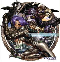  absurdres artbook ass bodysuit breasts female griffin gun highres looking_at_viewer machine_gun medium_breasts purple_hair shiny shirow_masamune short_hair uniform weapon yellow_eyes 