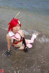  arm_warmers armwarmers beach bikini_top boots breasts chopsticks cleavage cosplay fingerless_gloves gloves kudou_rou ocean photo red_hair red_hair scarf shorts tengen_toppa_gurren-lagann tengen_toppa_gurren_lagann thigh-highs thighhighs wet yoko_littner yoko_littner 