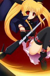  banned_artist bardiche belt black_gloves black_legwear blonde_hair blush book buckle cape elbow_gloves fate_testarossa gloves harano holding holding_book kurono_yuzuko long_hair looking_at_viewer lyrical_nanoha mahou_shoujo_lyrical_nanoha red_eyes rod sidelocks solo staff thighhighs thighs very_long_hair zettai_ryouiki 