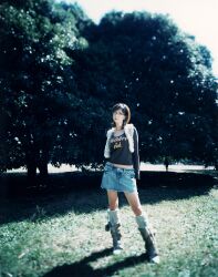  boots denim glasses highres hoshino_aki long_sleeves miniskirt photo shirt skirt t-shirt tshirt vest 