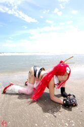  arm_warmers armwarmers beach bikini_top boots chopsticks cosplay fingerless_gloves gloves kudou_rou ocean photo red_hair red_hair scarf shorts tengen_toppa_gurren-lagann tengen_toppa_gurren_lagann thigh-highs thighhighs wet yoko_littner yoko_littner 