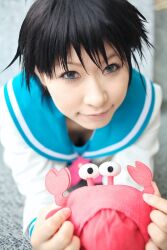  ahoge chippi cosplay crab highres idolmaster idolmaster_xenoglossia kikuchi_makoto photo sailor sailor_uniform school_uniform serafuku stuffed_animal stuffed_toy 