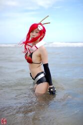  arm_warmers armwarmers beach bikini_top breasts chopsticks cleavage cosplay fingerless_gloves gloves kudou_rou ocean photo red_hair red_hair scarf shorts tengen_toppa_gurren-lagann tengen_toppa_gurren_lagann wet yoko_littner yoko_littner 