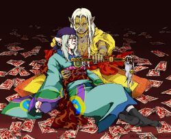  2boys apothecary bandana bandana blonde_hair bodypaint bow caring closed_eyes dark_skin demon_form do-rag dual_persona elf elf_ears face_paint facepaint facial_mark hold holding japanese_clothes kimono kusuriuri kusuriuri_(dark) kusuriuri_(mononoke) long_hair makeup male male_focus mononoke multiple_boys obi pointy_ears protecting red_eyes romantic sash sleeping sword unconscious weapon white_hair 