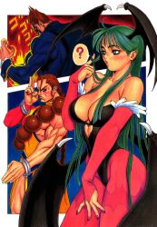  2boys ? adjusting_hair angry asymmetrical_clothes asymmetrical_clothing bangs bare_shoulders bat bat_wings beads blue_eyes blush bracelet braid breasts bridal_gauntlets brown_hair capcom censored chest cleavage clenched_teeth convenient_censoring darkstalkers demitri_maximoff demon_girl donovan donovan_baine female fighting_stance fire frills from_behind frown fur_trim green_hair hair_over_breasts hair_tousle hair_tussle hand_on_thigh head_wings heart highleg highleg_leotard jewelry juntsukasa large_breasts leotard lips long_hair looking_at_viewer looking_away midriff morrigan_aensland multiple_boys muscle nail_polish navel no_pupils pantyhose payot print_legwear print_pantyhose profile red_eyes red_legwear scan short_hair sidelocks single_braid speech_bubble succubus sweat teeth thighs traditional_media tsukasa_jun vampire vampire_(game) very_long_hair wings wrist_cuffs 