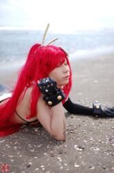  arm_warmers armwarmers beach bikini_top chopsticks cosplay fingerless_gloves gloves kudou_rou ocean photo red_hair red_hair scarf shorts tengen_toppa_gurren-lagann tengen_toppa_gurren_lagann wet yoko_littner yoko_littner 