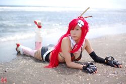  arm_warmers armwarmers beach bikini_top boots breasts chopsticks cleavage cosplay fingerless_gloves gloves kudou_rou ocean photo red_hair red_hair scarf shorts tengen_toppa_gurren-lagann tengen_toppa_gurren_lagann thigh-highs thighhighs yoko_littner yoko_littner 