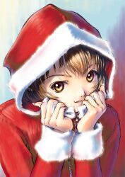  :d bangs brown_hair bust christmas coat female fingernails fur_trim hands highres hood kobayashi_yuji long_fingernails looking_at_viewer nagko open_mouth original rough santa_costume santa_suit signature smile solo upper_body yellow_eyes zipper 