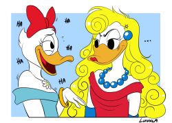  anatid annoyed anseriform anthro avian bird blonde_wig blue_clothing blue_dress bodily_fluids clothed clothing crossdressing crying daisy_duck disney disney_comics donald_duck dress dressed_up duck duo ear_piercing ear_ring eye_contact female kinkypeach laugh laughing_at_another looking_at_another male male/female piercing red_clothing red_dress red_hair_bow ring_piercing tears tears_of_joy the_lovely_donna unimpressed 