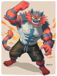  1boy abs absurdres arm_up artist_name bara black_fur claws clenched_hand clothed_pokemon colored_sclera commentary_request dated fangs furry furry_male green_eyes highres ihara_yuu incineroar large_pectorals male_focus muscular muscular_male no_nipples pectorals pokemon pokemon_(creature) red_fur red_nose sharp_teeth solo tail teeth two-tone_fur yellow_sclera 