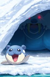  ambiguous_gender blue_body blue_fur cave darkwaterbeach duo fangs feral flippers fur generation_3_pokemon gesture glowing glowing_eyes hi_res ice ice_cave inside looking_at_viewer mammal marine meme nintendo pinniped pokemon pokemon_(species) red_eyes scene_interpretation sharp_teeth snow snowing spheal tan_body tan_fur teeth tusks walrein water waving white_body white_fur 