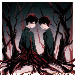  2boys bare_tree border brothers buttons chinese_commentary closed_mouth commentary_request gakuran greyscale haoyueqianli711 highres jacket kageyama_ritsu kageyama_shigeo long_sleeves male_focus mob_psycho_100 monochrome multiple_boys outside_border parted_lips plant_roots school_uniform short_hair siblings spot_color tree white_border 