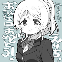  aqua_background ayase_eli birthday blush breasts chibi commentary dated female greyscale_with_colored_background high_ponytail long_hair looking_at_viewer love_live! love_live!_school_idol_project lowres medium_breasts mezashi_(mezamashi_set) otonokizaka_school_uniform ponytail school_uniform signature solo translation_request upper_body 