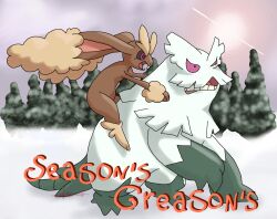  abomasnow ambiguous_gender attack black_sclera brown_body brown_fur buckteeth cloud duo english_text evergreen_tree feral fight forest forest_background fur generation_4_pokemon green_body green_fur hi_res holiday_message holidays honoratacarnage lagomorph leporid lopunny mammal man_after_man nature nature_background nintendo on_another&#039;s_shoulders pine_tree pink_eyes plant pokemon pokemon_(species) quadruped rabbit rabbit_ears signature snow sun tan_body tan_fur teeth text tree white_body white_fur yeti 