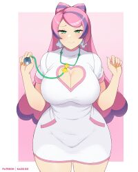  breasts cleavage cleavage_cutout clothing_cutout curvy dress female green_eyes highres kaos_art large_breasts light_smile long_hair looking_at_viewer miriam_(pokemon) multicolored_hair nail_polish pink_hair pokemon pokemon_sv purple_hair simple_background solo stethoscope two-tone_background two-tone_hair white_dress wide_hips yellow_nails 