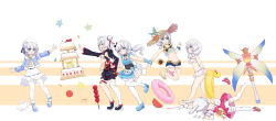  6+girls absurdres animal_ears barefoot blue_dress blue_eyes blue_footwear cake chinese_clothes double_bun dress flower food fruit hair_bun hat highres homu_(honkai_impact) honkai_(series) honkai_impact_3rd long_hair magic multiple_girls multiple_persona on_floor pink_dress pink_flower qingye_ling rabbit sandals shoes shorts straw_hat swimsuit theresa_apocalypse theresa_apocalypse_(magic_girl_teriri) theresa_apocalypse_(morning_sunshine) theresa_apocalypse_(sakuno_rondo) theresa_apocalypse_(shallow_sunset) theresa_apocalypse_(sugar_haw_child) theresa_apocalypse_(valkyrie_pledge) theresa_apocalypse_(violet_executer) theresa_apocalypse_(wonderland_trek) thighhighs watermelon watermelon_slice white_hair white_thighhighs 