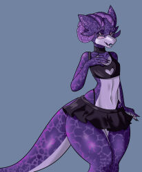  4_fingers absurd_res alexis_drawing bottomwear clothed clothing collar crossdressing eyewear femboy fingers glasses hi_res horn kobold male purple_body purple_lust_(2dt) purple_scales reptile scales scalie skirt solo tail thick_thighs thong_straps topwear wide_hips 