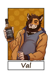  alcohol anthro arm_support beard beverage black_sclera body_hair bottle brown_body brown_fur calico_cat chest_hair clothing container dark_sclera domestic_cat facial_hair facial_piercing felid feline felis fur fur_markings glass half-length_portrait hi_res holding_bottle holding_container holding_object ice inner_ear_fluff jack_daniel&#039;s jacket leaning leaning_on_elbow looking_at_viewer male mammal markings nose_piercing orange_body orange_eyes orange_fur piercing portrait smile solo tan_body tan_fur topwear tracho tuft val_(valmichim) whiskers whiskey 